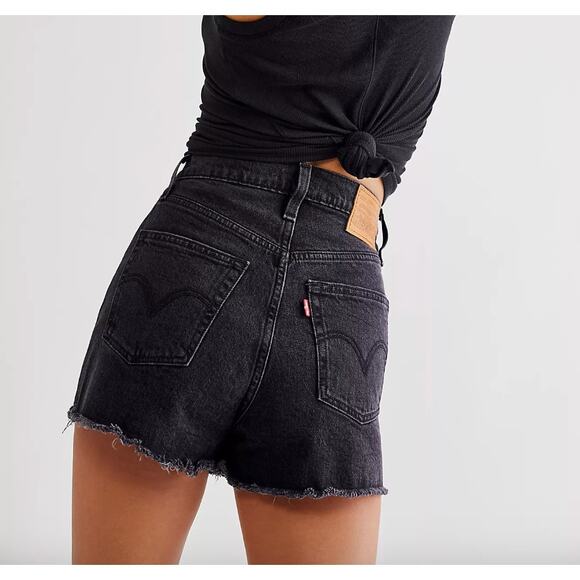 Levi's Premium Ribcage Flare black cut-off distressed button fly shorts 26 - Picture 1 of 5